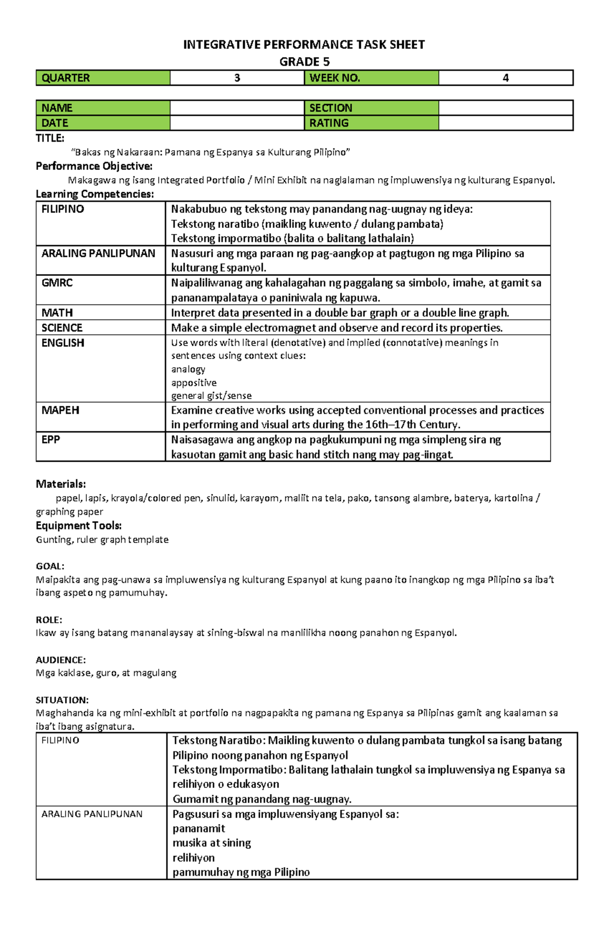 Integrative Performance Task Sheet G5 Q3: Spanish Cultural Influence ...