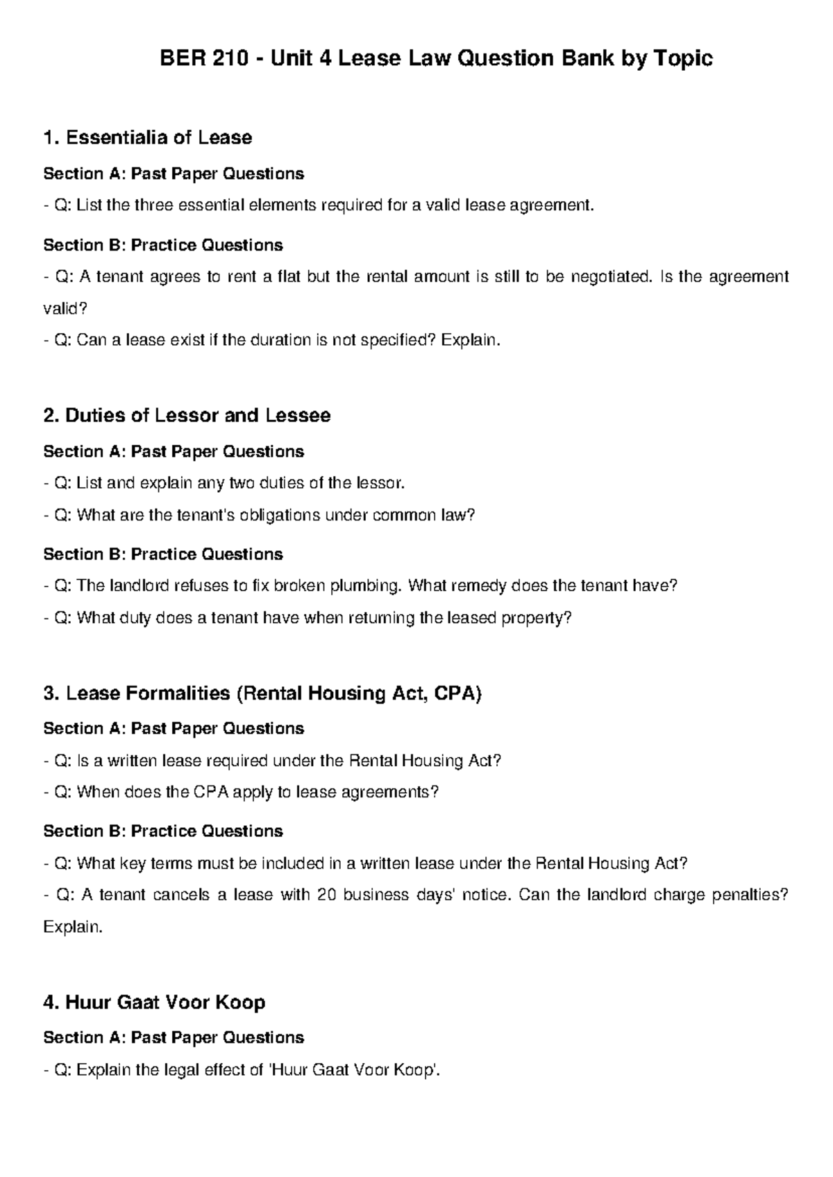 BER 210 Unit 4 Lease Law Question Bank: Essential Elements & Duties ...
