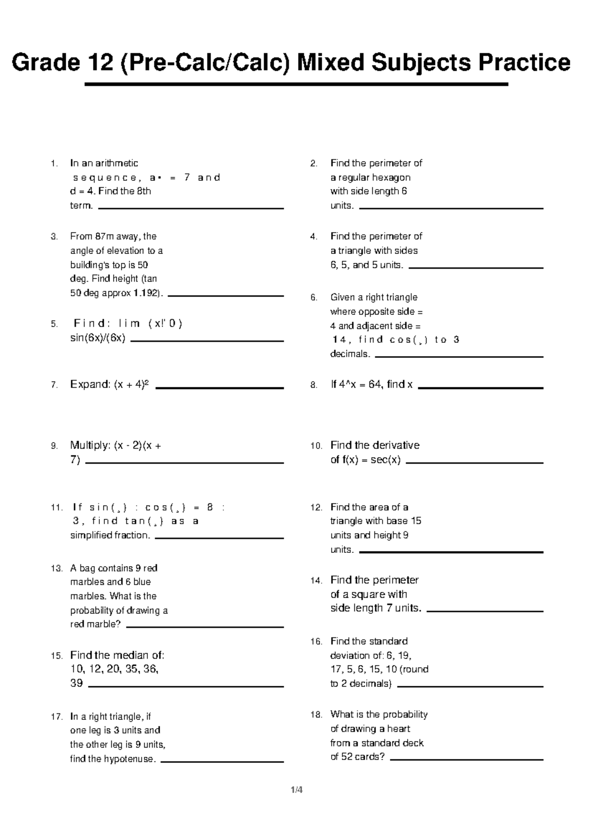Grade 12 Math (Calc) Mixed Subjects Practice 1 - Studocu