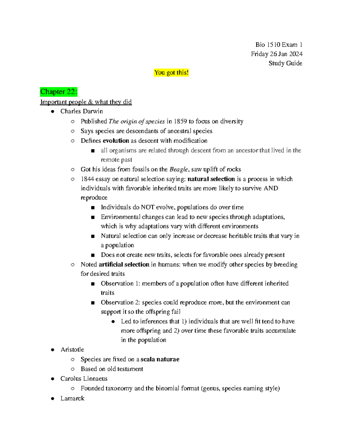 Bio 1510 Exam 1 - Comprehensive Review for Evolution and Natural ...