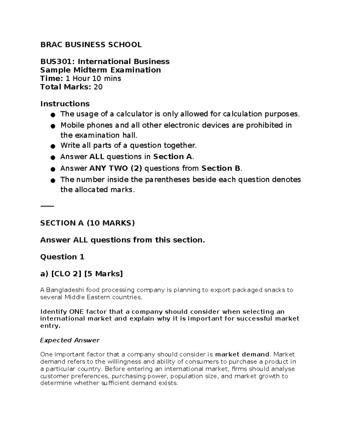 BUS301: International Business Sample Midterm Exam Answers - Studocu