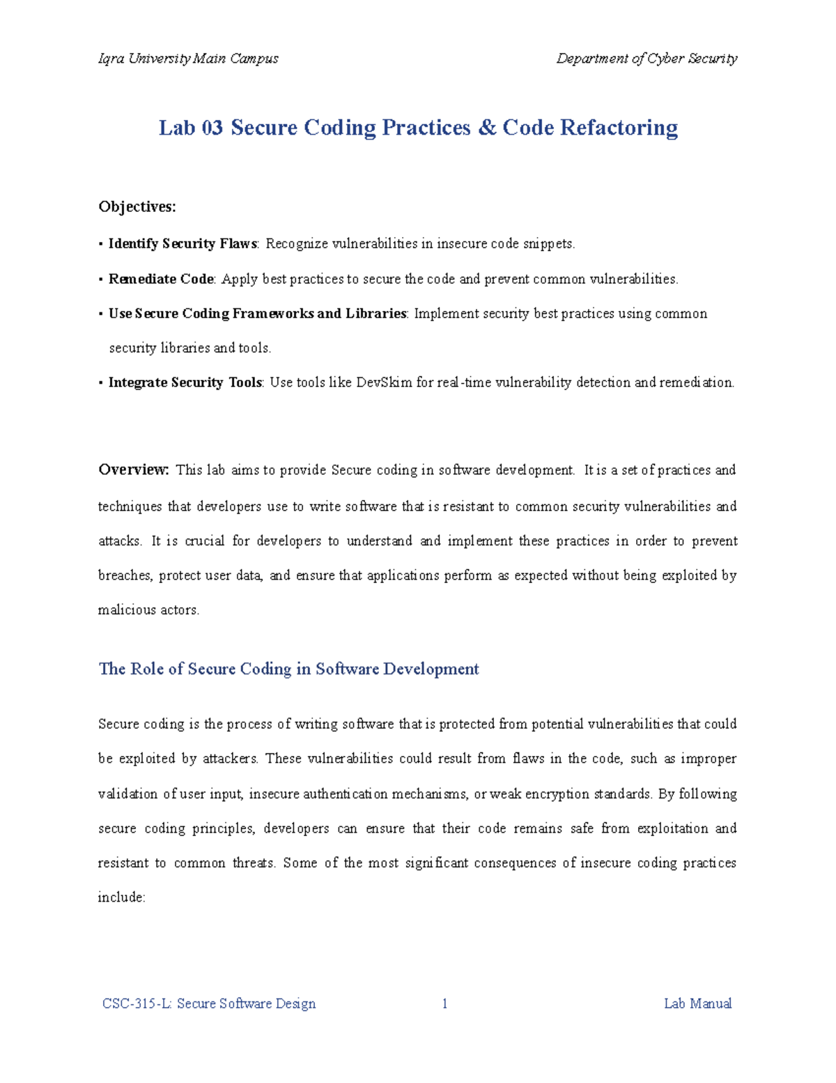 Lab 03: Secure Coding Practices & Code Refactoring - Iqra University ...