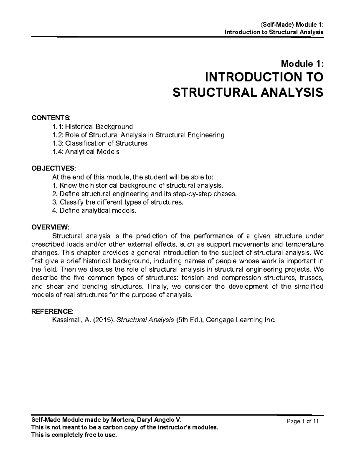 Module 1 (Self-Made) - Introduction to Structural Analysis (CE 311 ...
