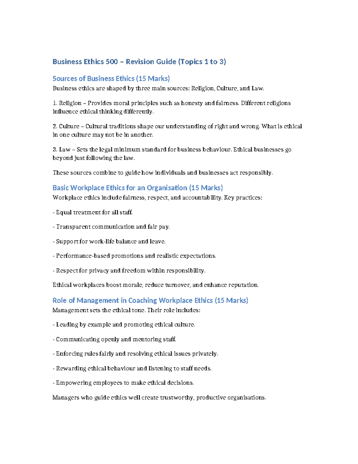 Business Ethics 500 Revision Guide: Key Topics 1-3 Overview - Studocu