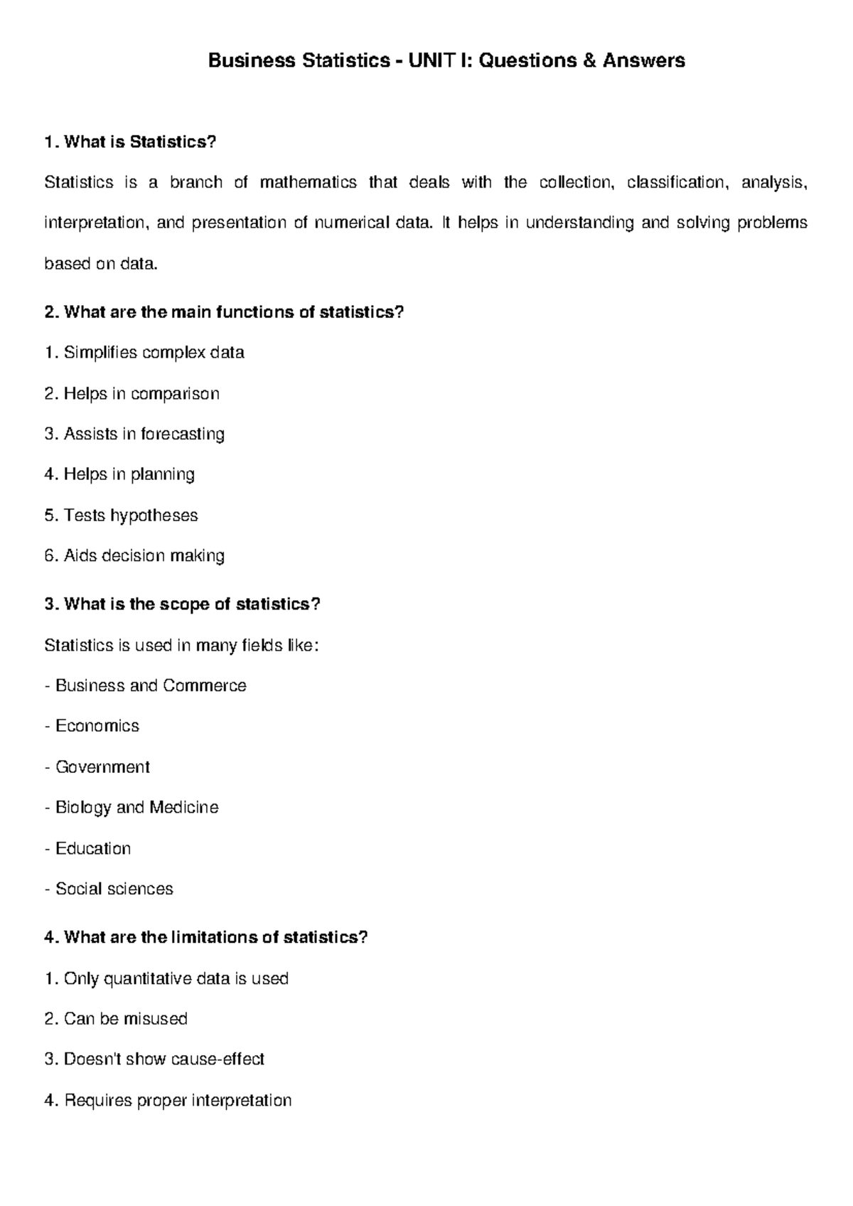 Business Statistics BUS101: Unit I Questions & Answers - Studocu