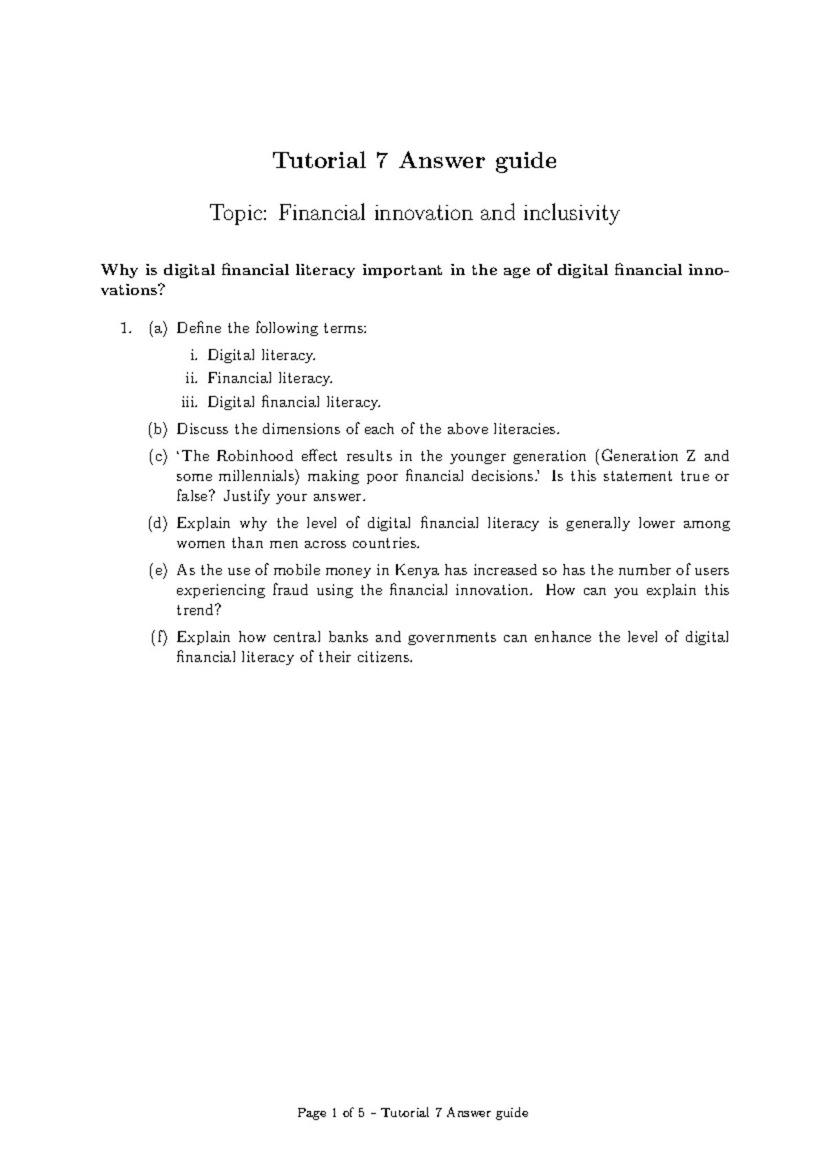 Tutorial 7- Week 10 Answer guide - Tutorial 7 Answer guide Topic ...