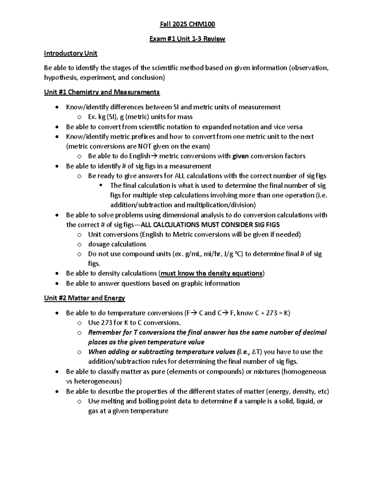 Final Exam Review for CHM100: Units 1-3 Overview - Studocu
