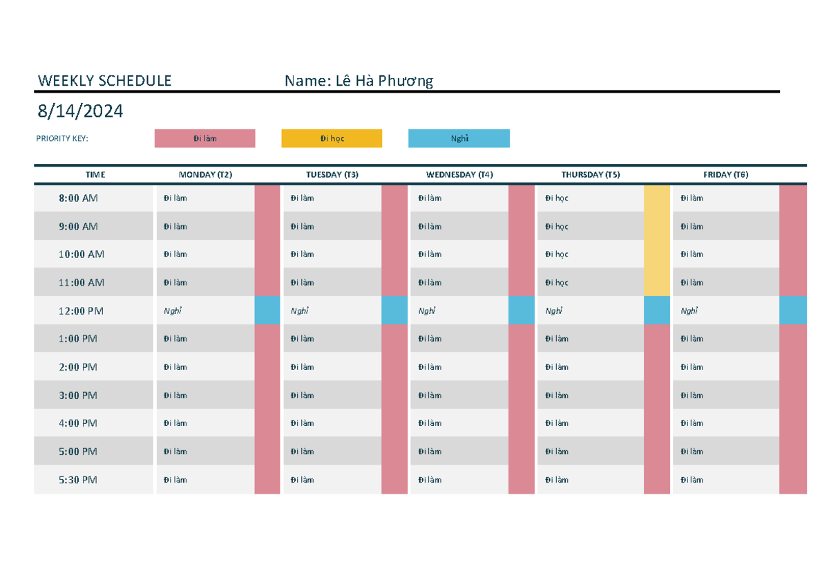 Weekly Schedule Overview - Lê Hà Phương - Studocu