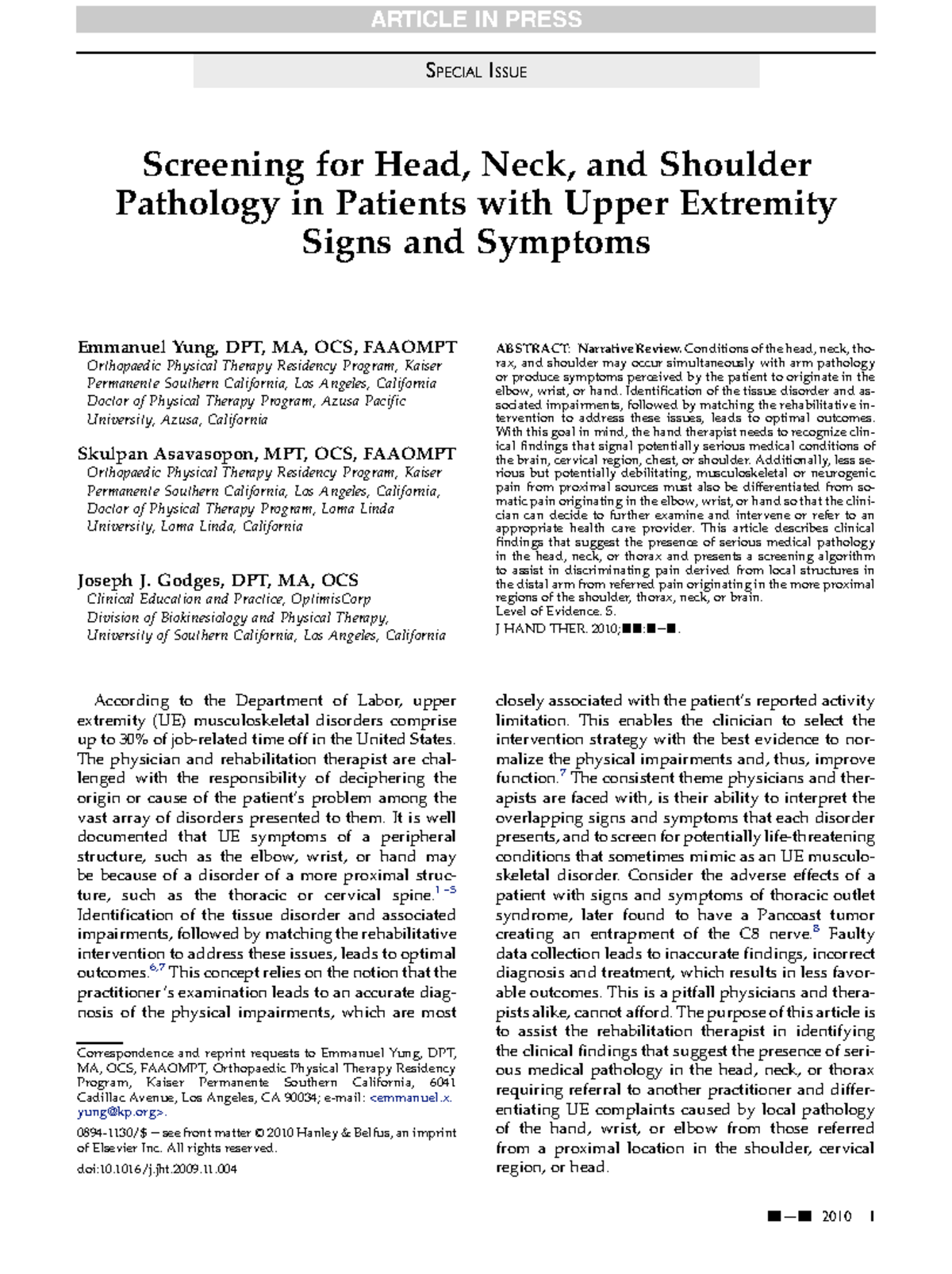 Screening for Head, Neck, and Shoulder Pathology in Upper Extremity ...