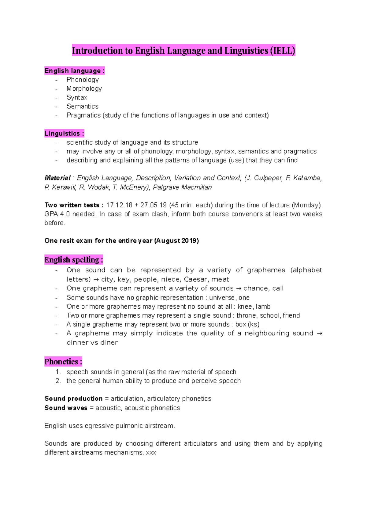 IELL Introduction to English Language and Linguistics Overview - Studocu