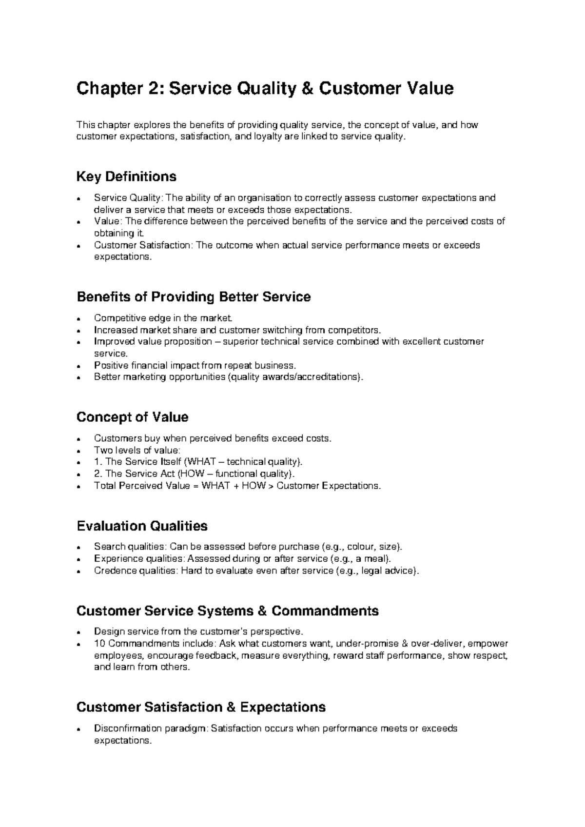 BEM120 Chapter 2: Service Quality & Customer Value Insights - Studocu