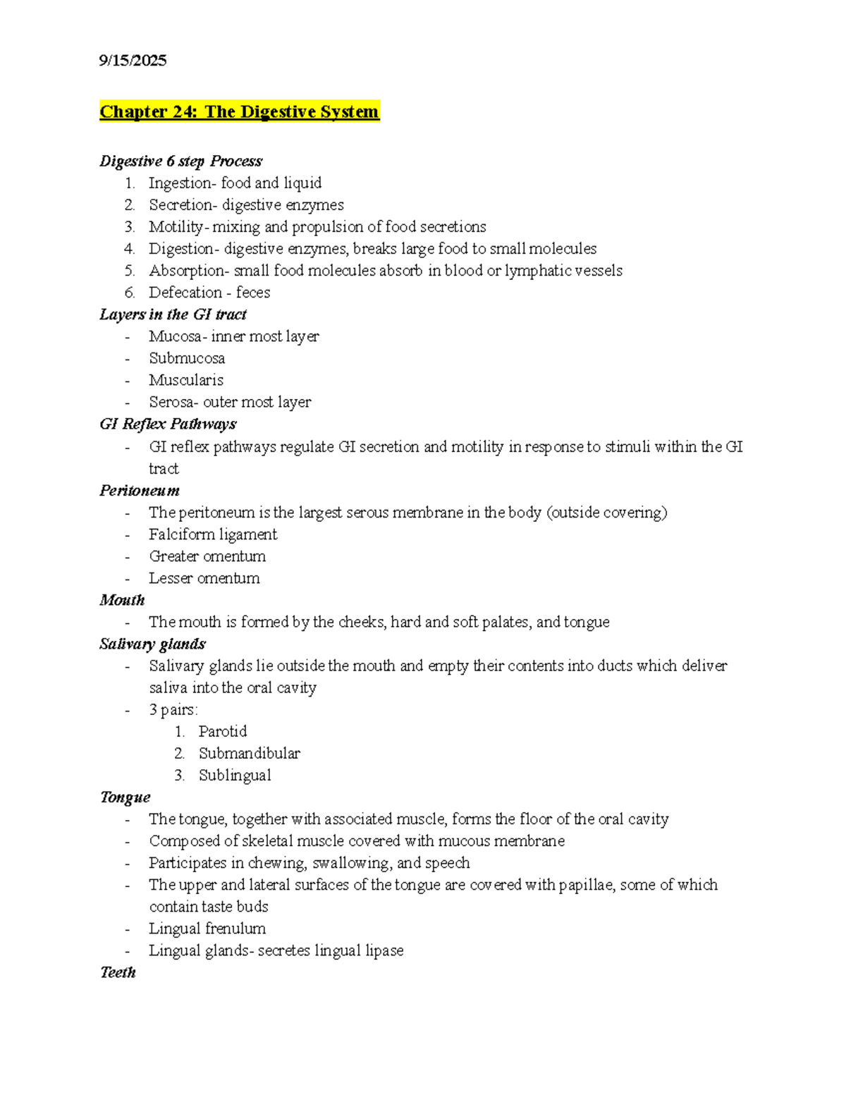 Anatomy 2: Digestive System Overview - Chapter 24 Study Notes - Studocu