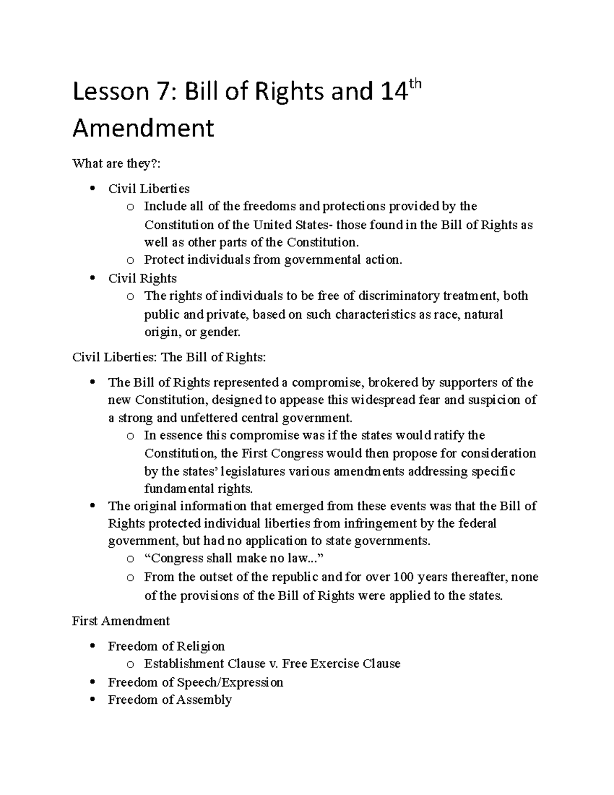 Lesson 7: Key Insights on the Bill of Rights & 14th Amendment - Studocu