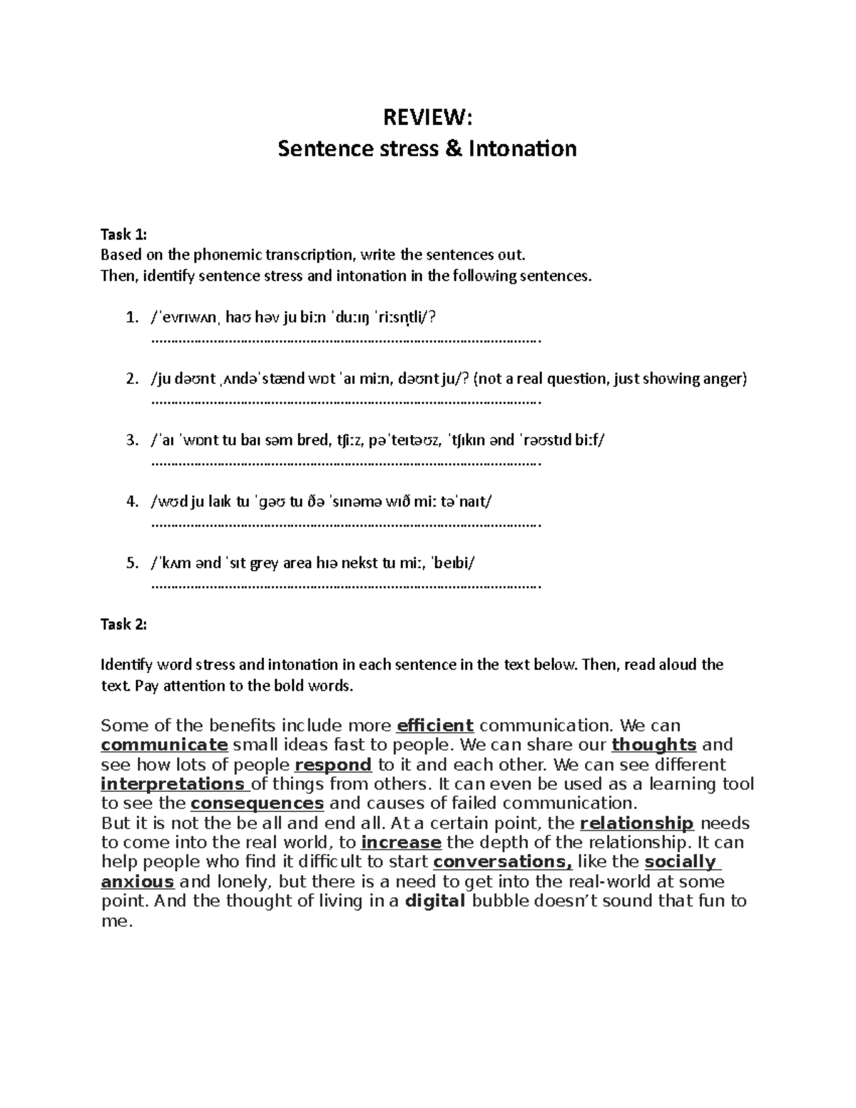 Review: Sentence stress and Intonation - REVIEW: Sentence stress ...