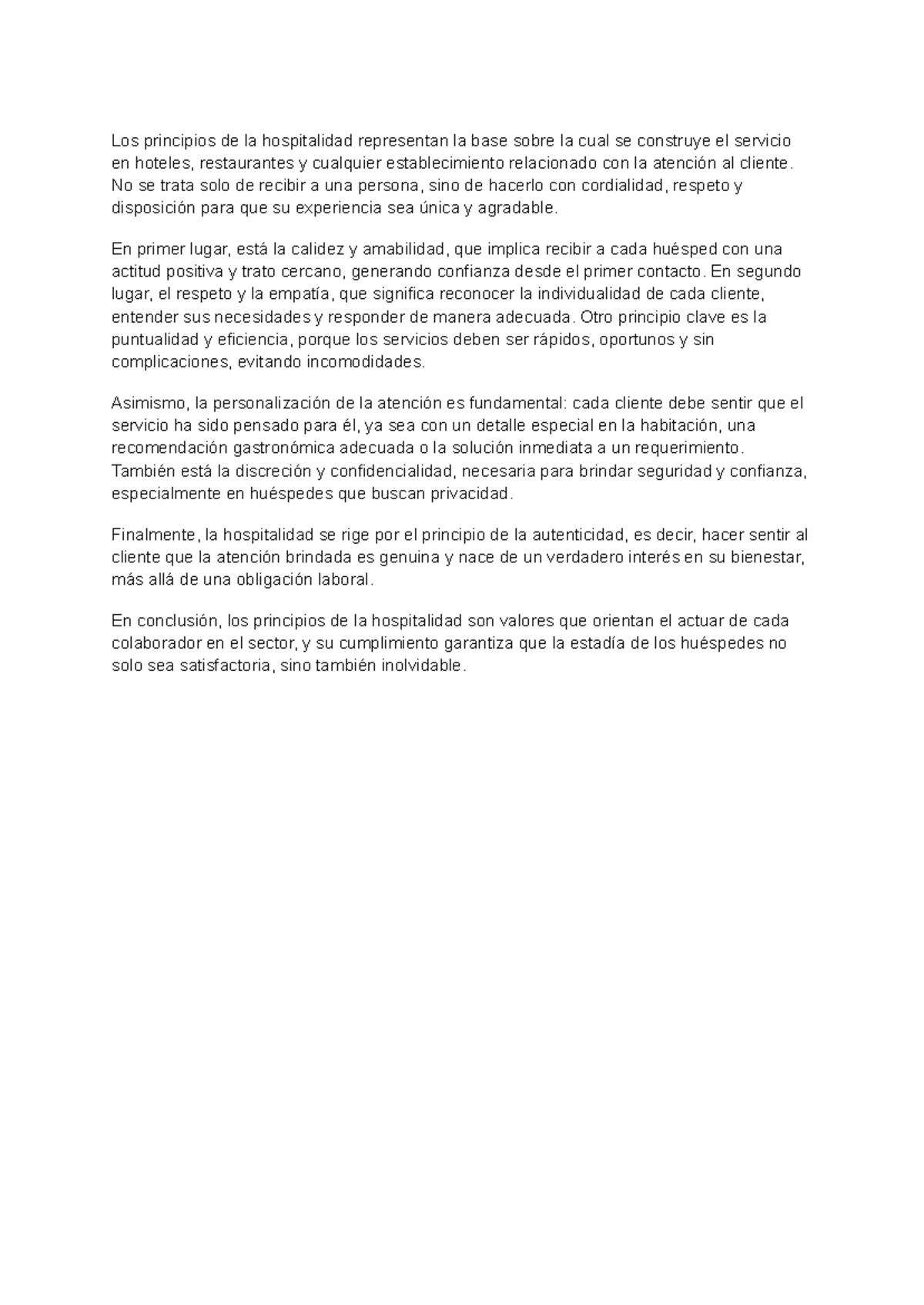 Principios de la Hospitalidad en el Servicio al Cliente - Studocu