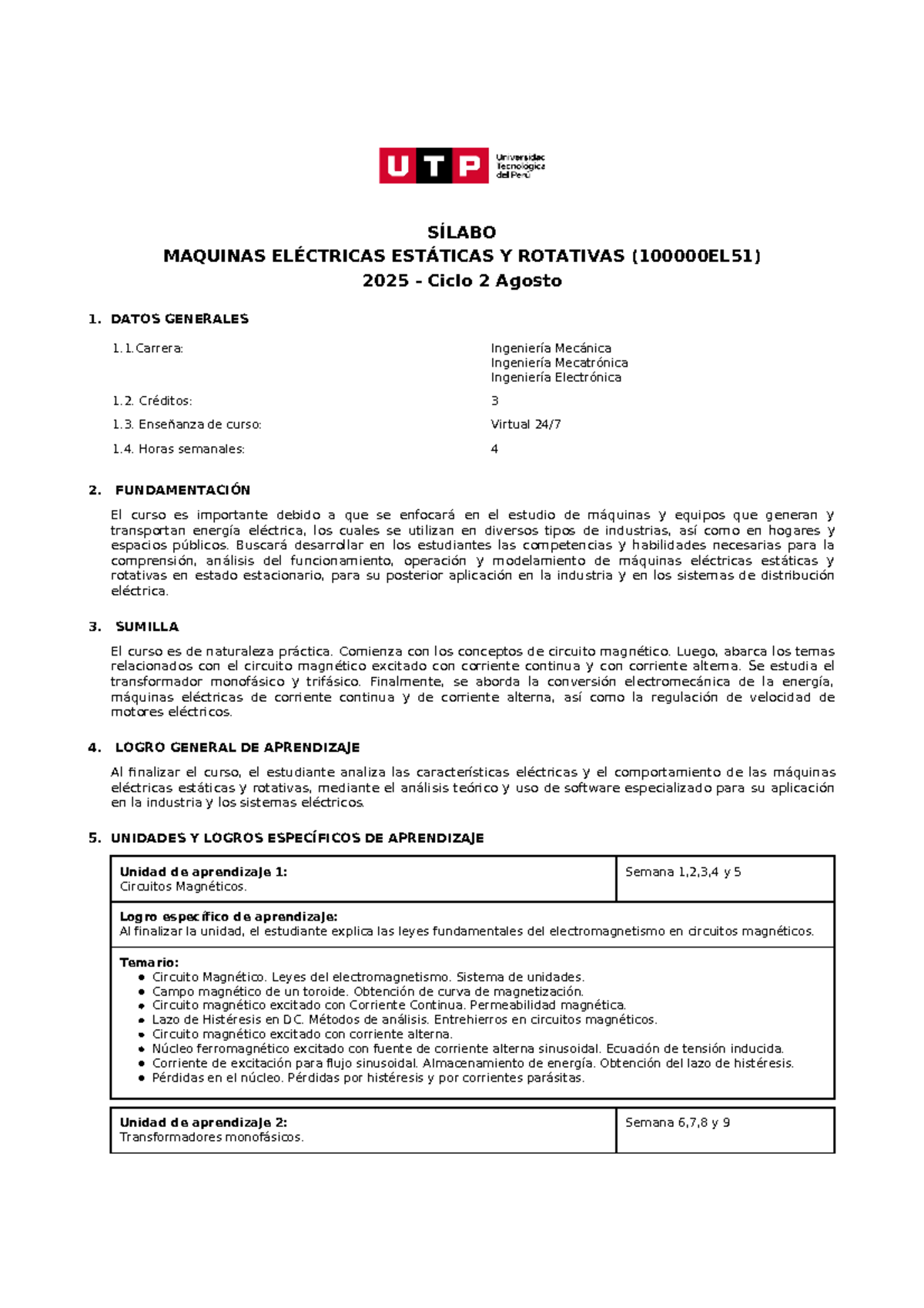 Sílabo de Máquinas Eléctricas Estáticas y Rotativas 2025 - Ciclo 2 - Document Preview