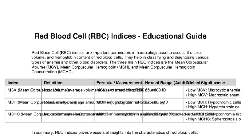 RBC Indices Educational Guide: Understanding MCV, MCH, MCHC - Studocu