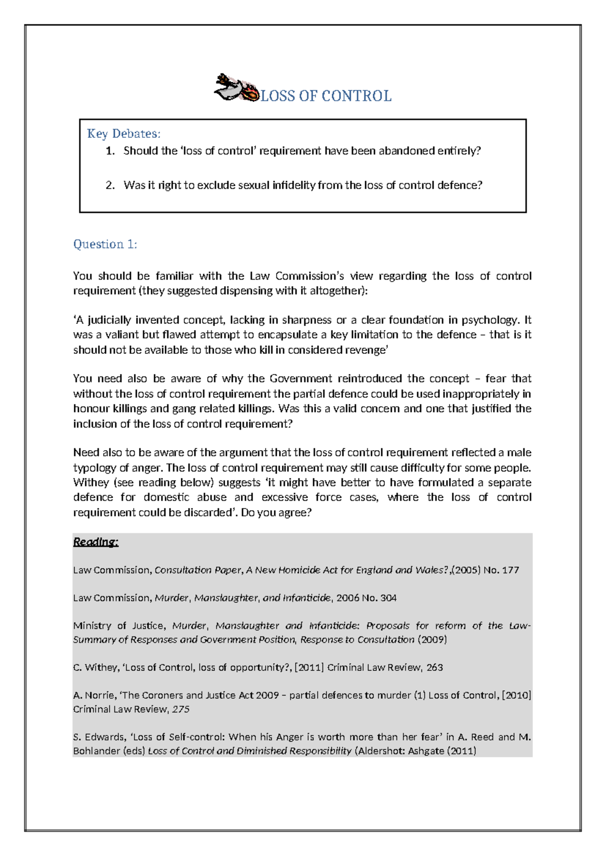 Loss of Control: Key Questions and Debates in Criminal Law (LLB 101 ...