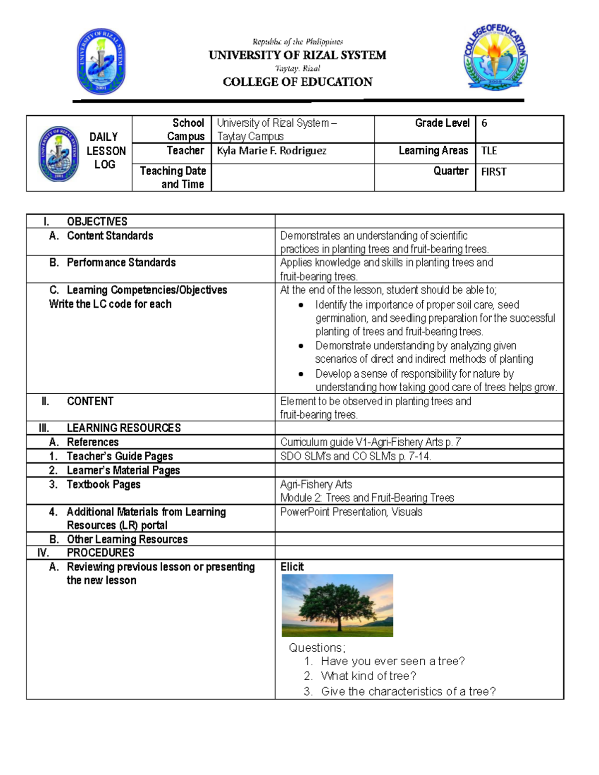 Lesson Plan: Planting Trees and Fruit-Bearing Trees (Grade 6) - Studocu