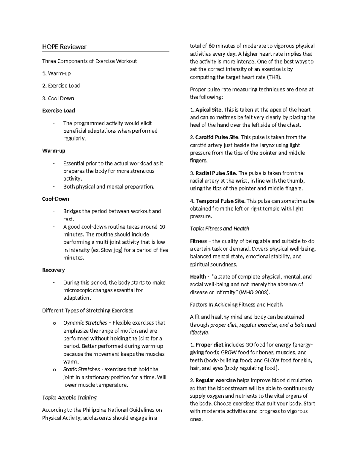 HOPE-Reviewer: Components of Effective Exercise Workouts - Studocu