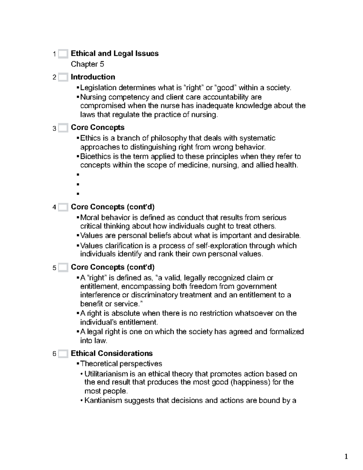 Chapter 5 - Outline on Ethical & Legal Issues in Nursing Practice - Studocu