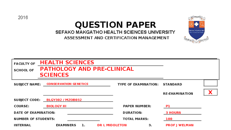 Re-Exam - Re-exam - 2016 QUESTION PAPER SEFAKO MAKGATHO HEALTH SCIENCES ...