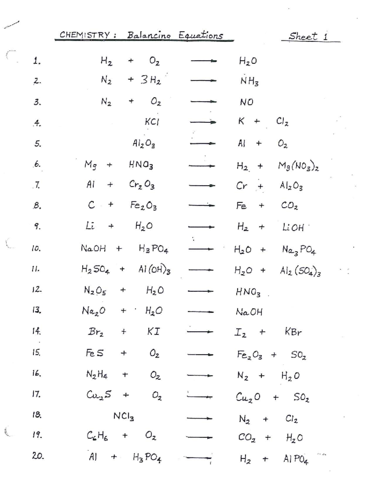 CHEMISTRY: Balancing Equations Extra Practice Sheet 02 - Studocu