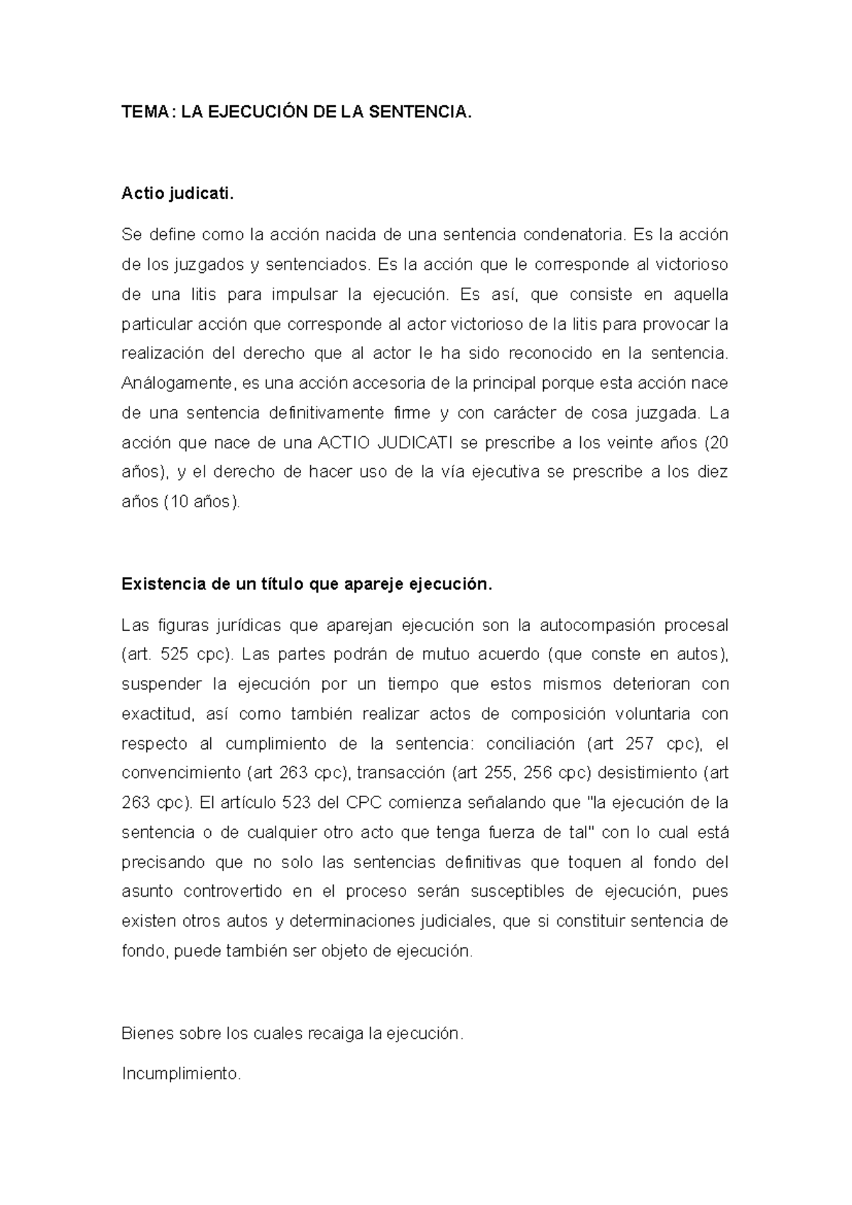 TEMA: Ejecución de Sentencias en el Proceso Civil (CPC) - Studocu