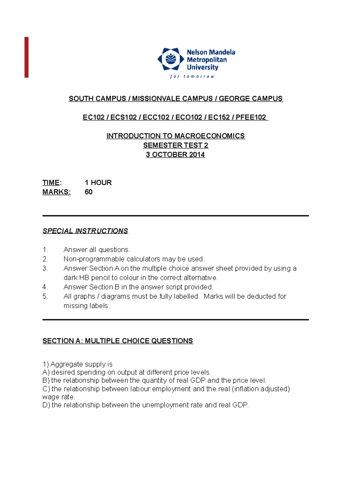 EC102 Macroeconomics Semester Test 2 - August 2014 Questions and ...