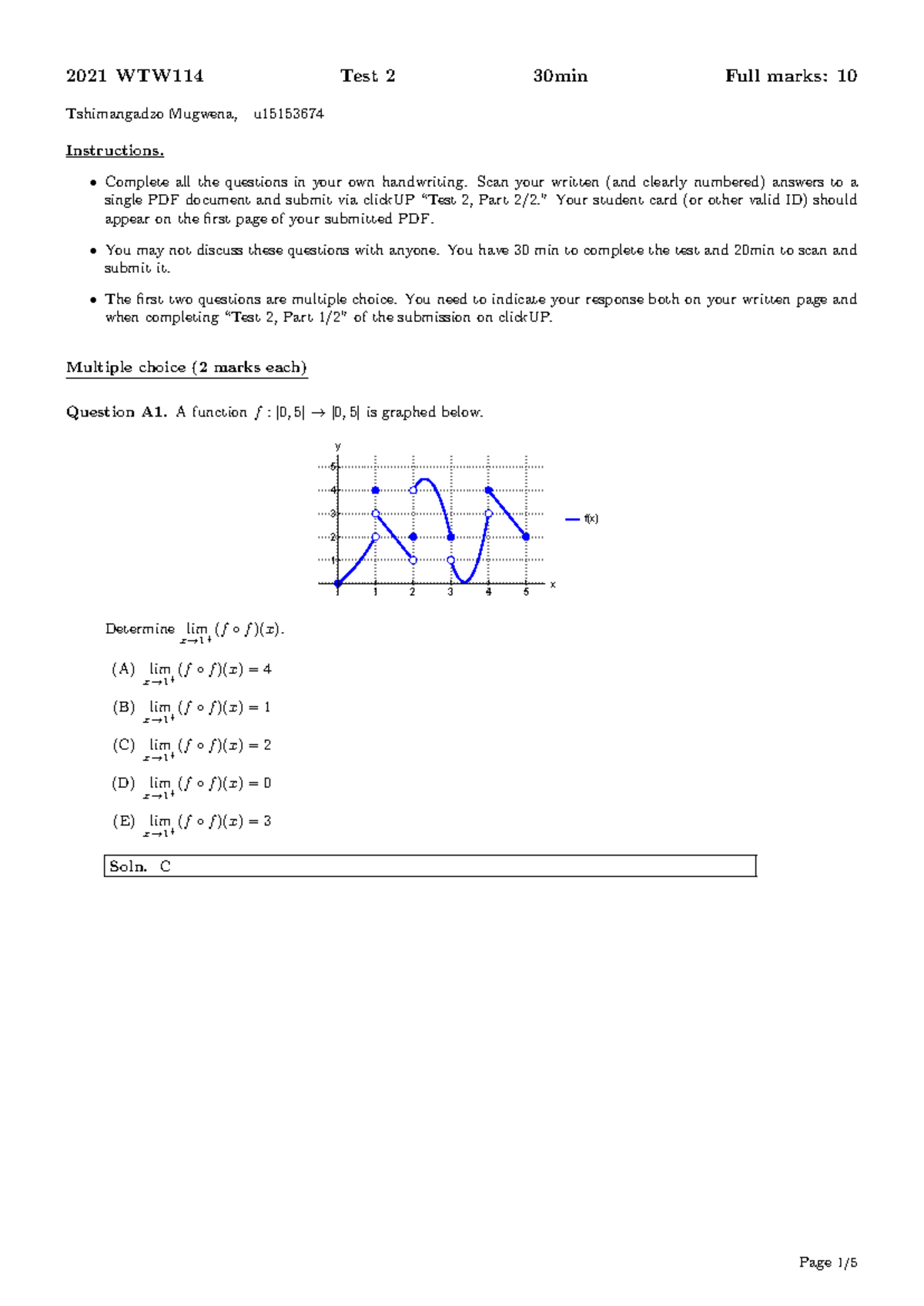 WTW 114 - Solutions for Tutorial Test 2 (30 min) - Studocu