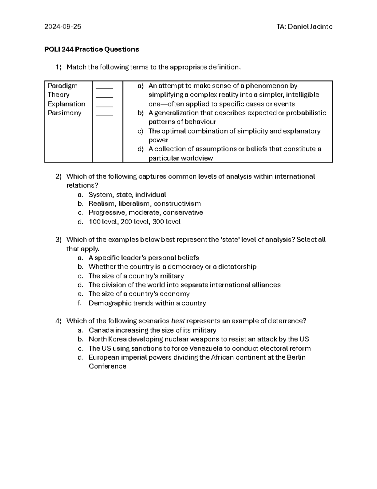 POLI 244 Practice Questions - POLI 244 Practice Questions 1) Match the ...