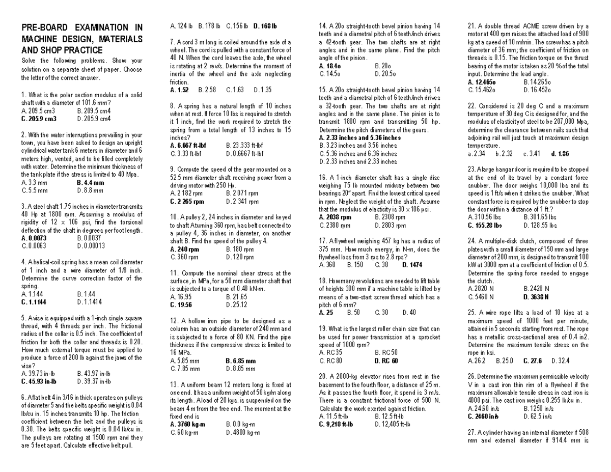 Pre-Board Exam MD Answer Key: Machine Design & Materials - Studocu