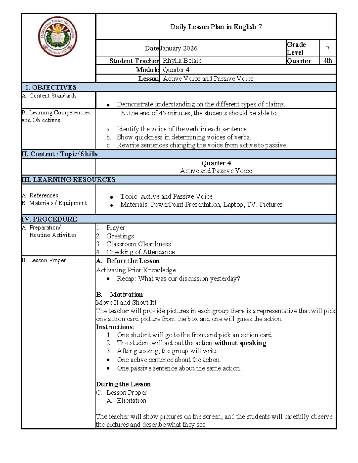 Daily Lesson Plan: Active & Passive Voice - English 7, Q4 - Studocu