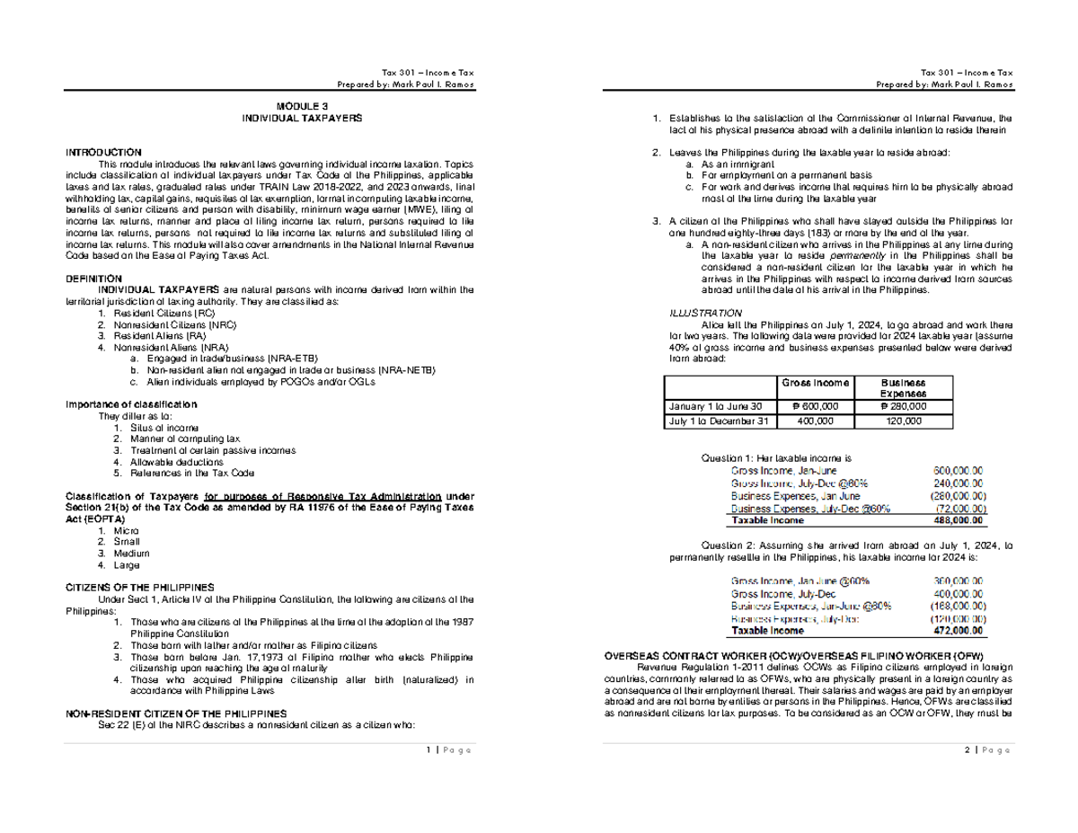 Tax 301 Module 3: Individual Taxpayers Overview and Guidelines - Studocu