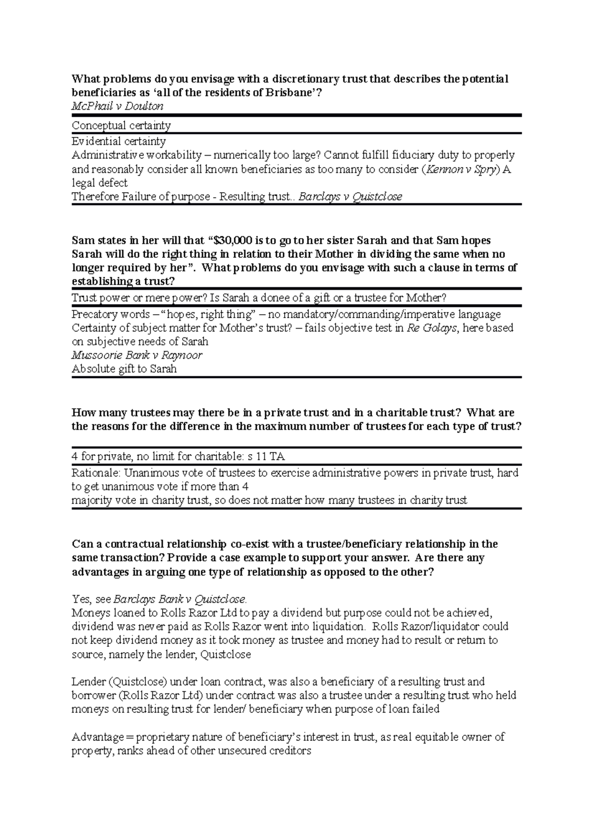 Trust Law Insights: Test 1 2018, Q&A on Trusts and Beneficiaries - Studocu