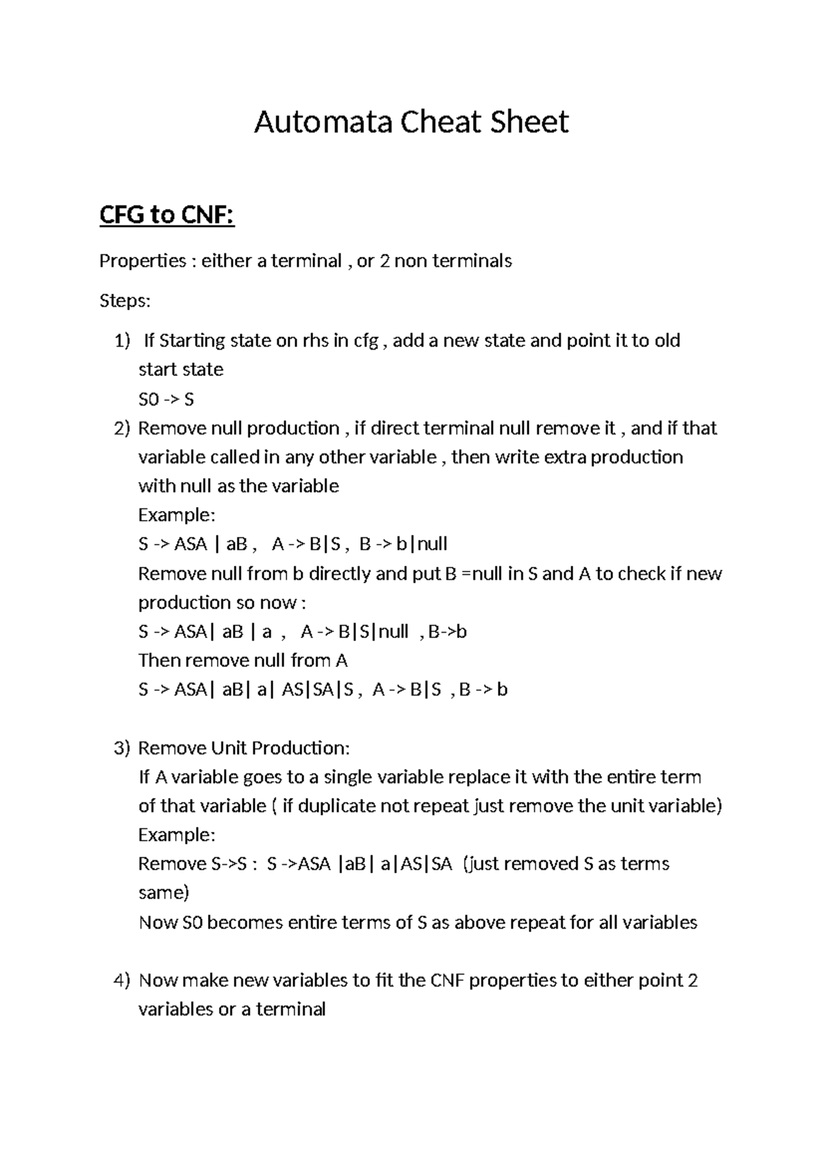 Automata Cheat Sheet: CFG to CNF & PDA Overview - Studocu
