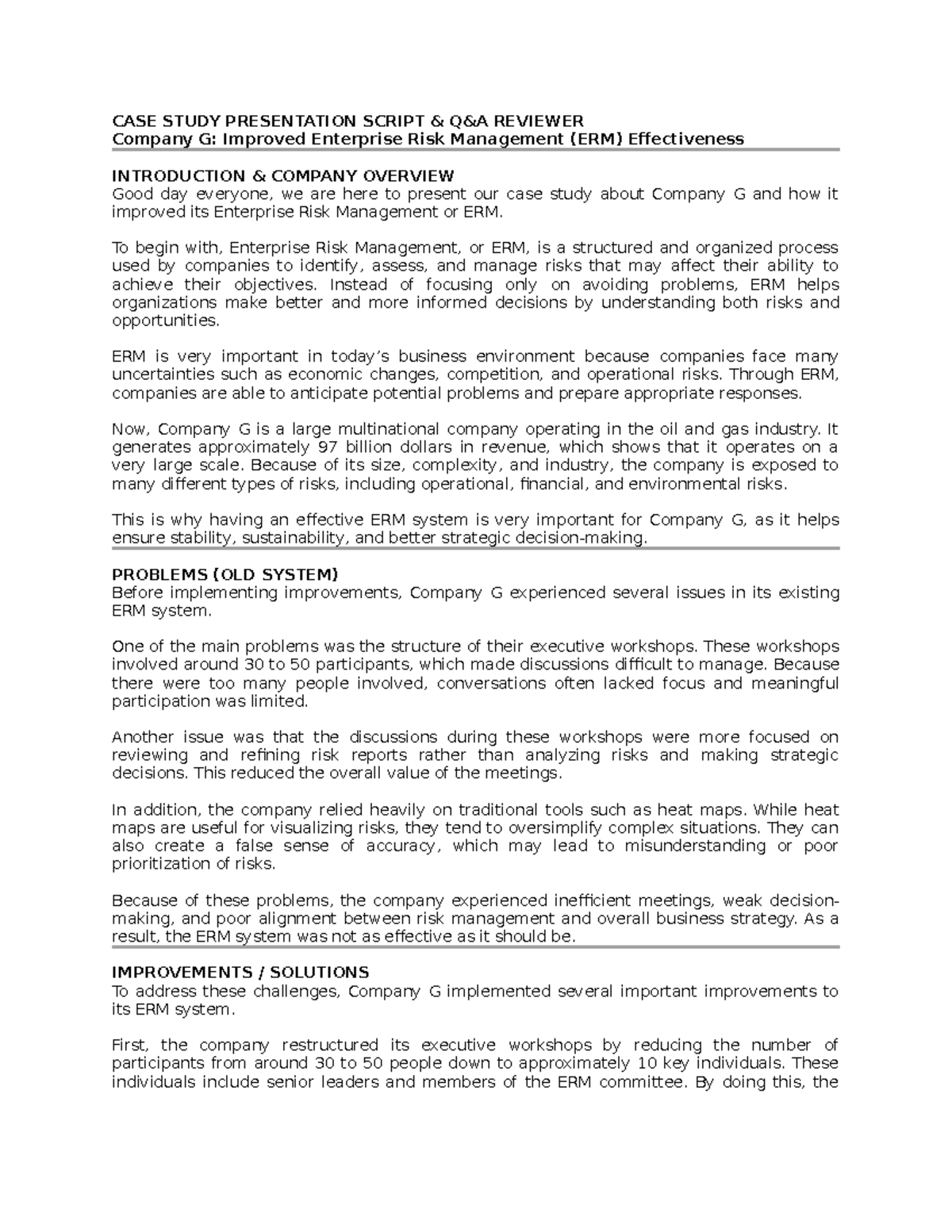 CASE STUDY: Enhancing ERM Effectiveness at Company G - Studocu