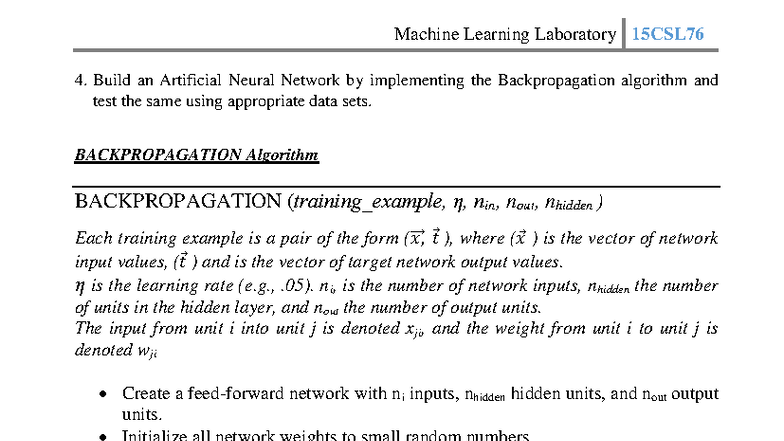 Building an ANN with Backpropagation - 15CSL76 Lab Exercise 4 - Studocu