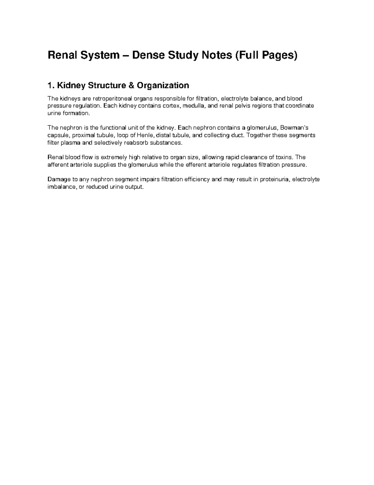 Renal System (BIO101) 6-Page Dense Study Notes - Studocu