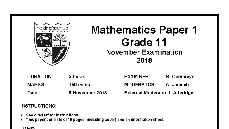 Grade 11 Mathematics Paper 1 November Exam 2018 - Studocu