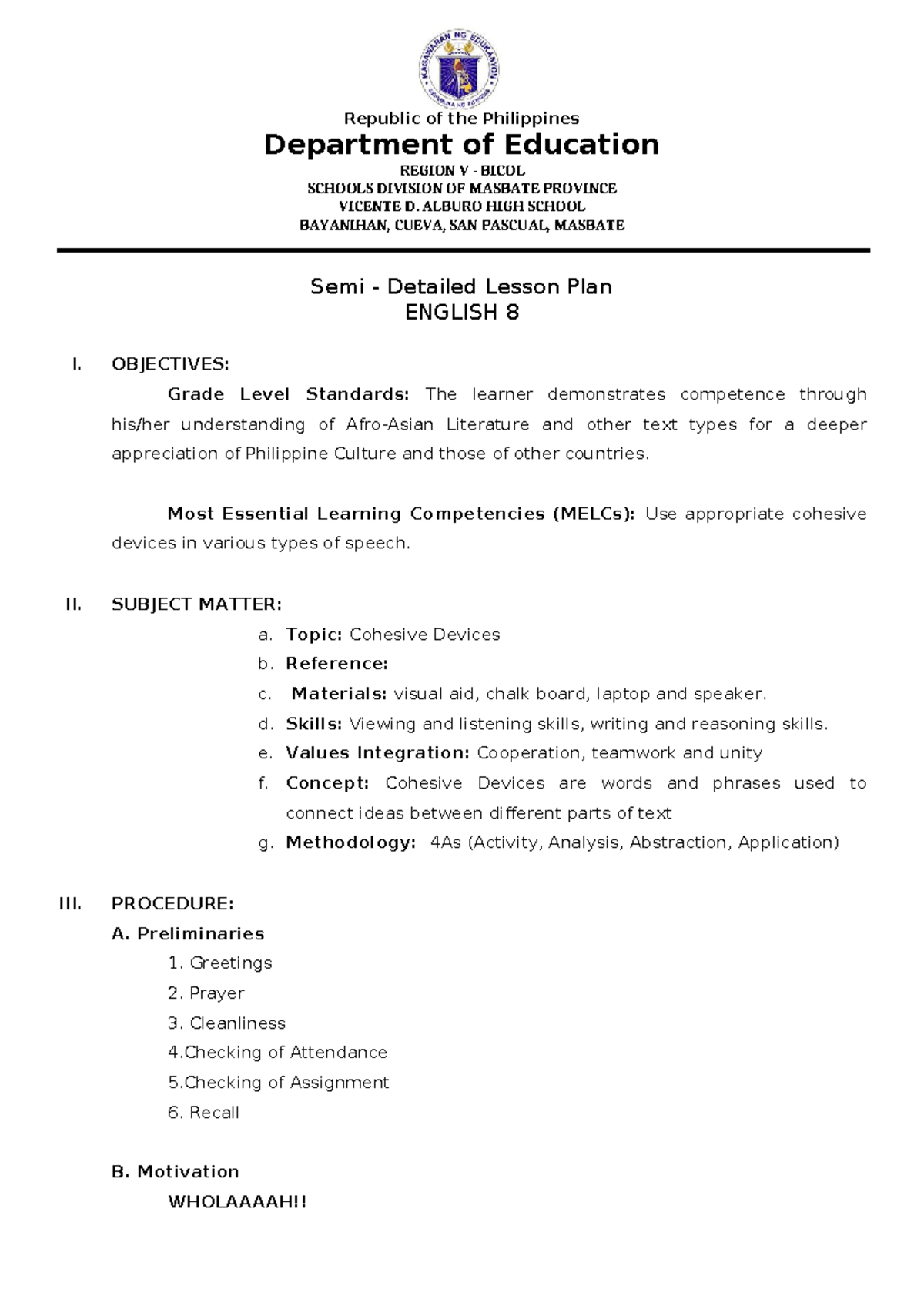 COT1 LP 22-23 - Semi-Detailed Lesson Plan on Cohesive Devices - Studocu