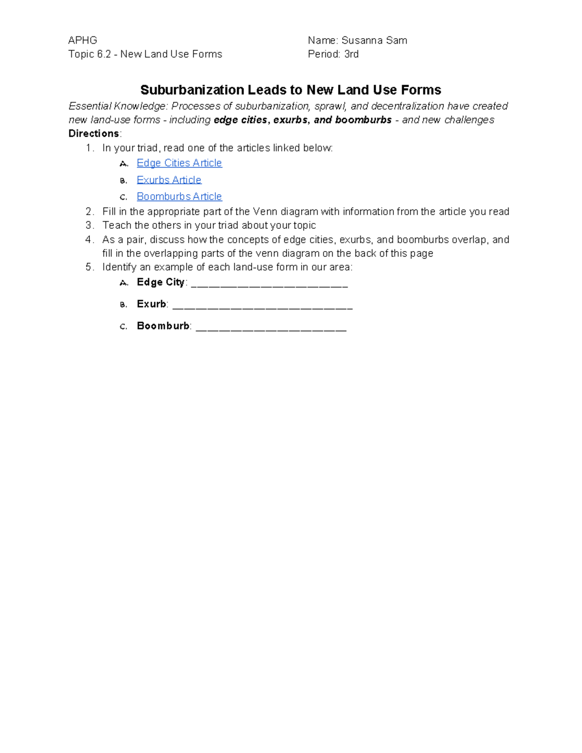 APHG 6.2 Final Exam Study: Suburbanization & New Land Use Forms - Studocu