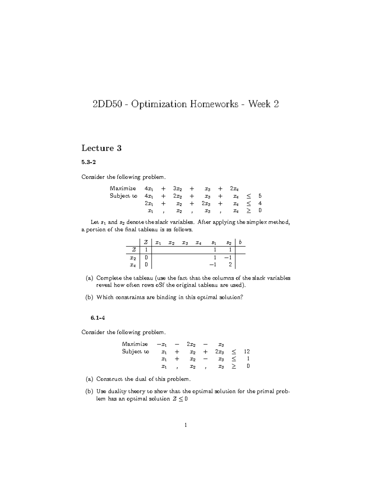 2DD50 Optimization Homework Week 2: Simplex Method & Duality Analysis ...