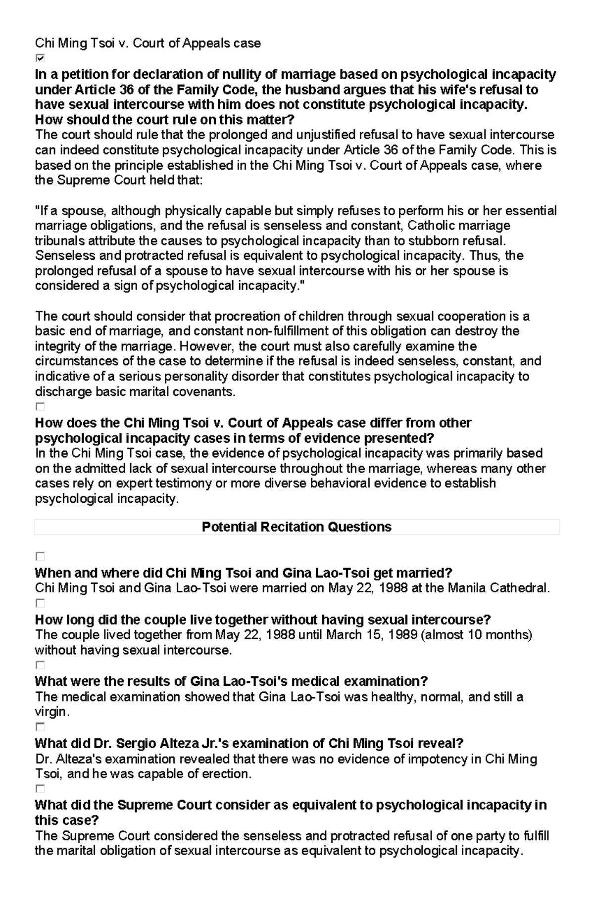 Chi Ming Tsoi v. Court of Appeals: Psychological Incapacity Analysis ...