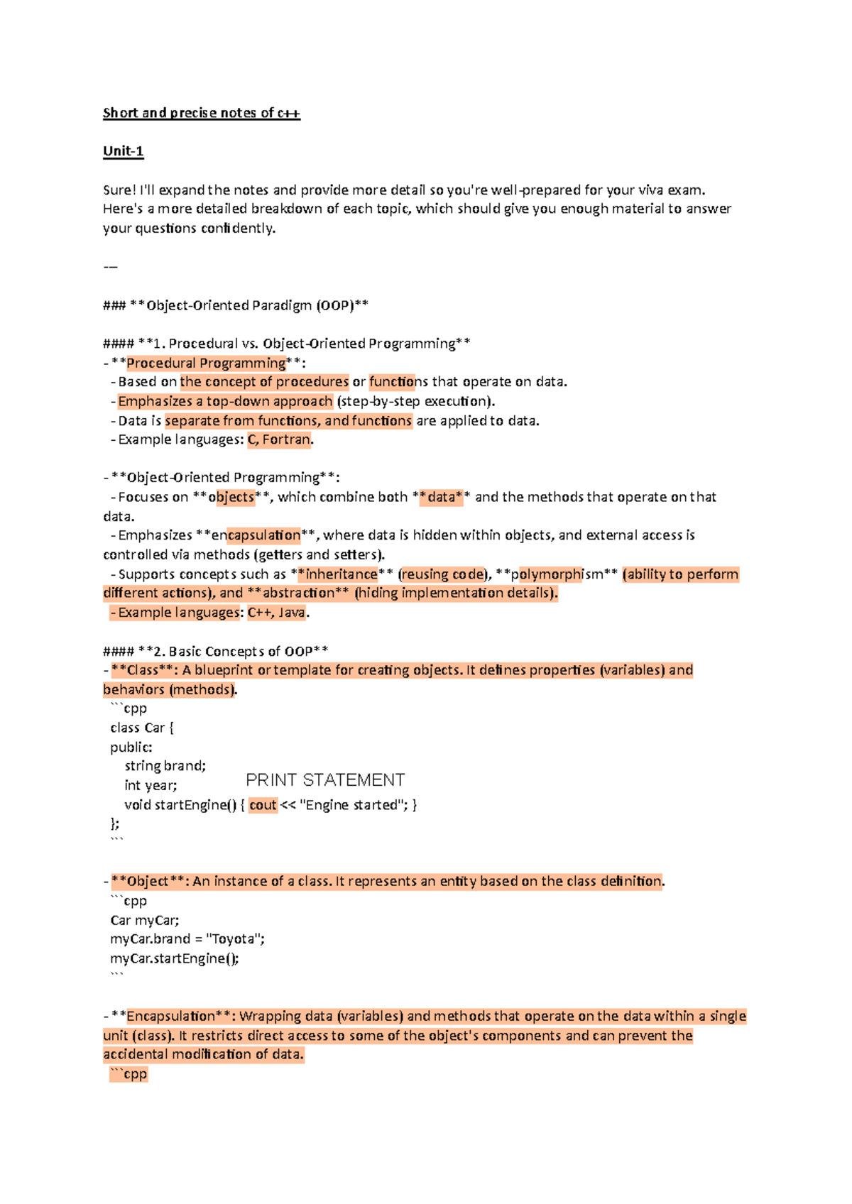C++ revision notes - Short and precise notes of c++ Unit- 1 Sure! I'll ...