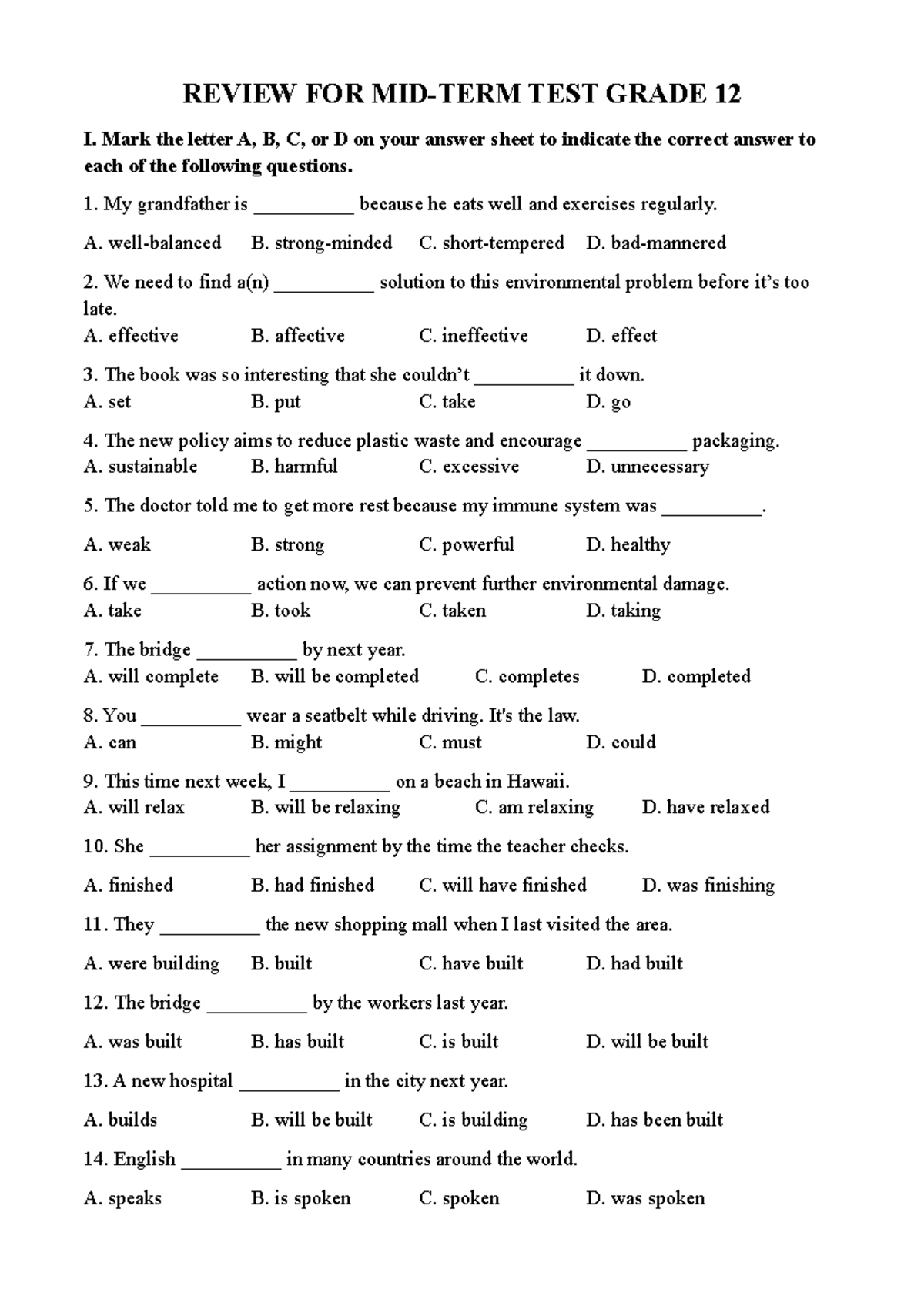 Review for Midterm Test Grade 12: Practice Questions and Answers - Studocu