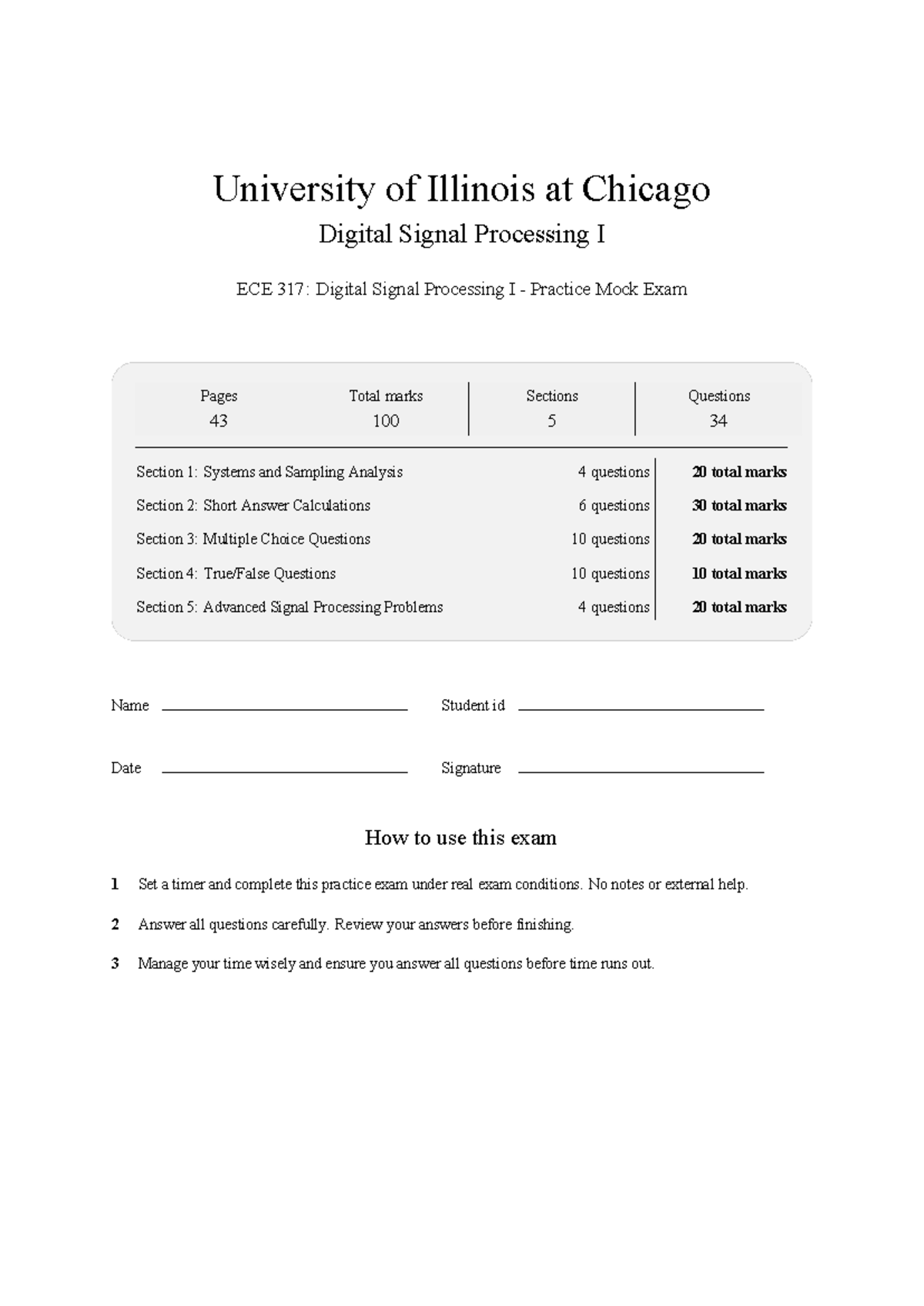 ECE 317: Digital Signal Processing I Practice Mock Exam 2026 - Studocu