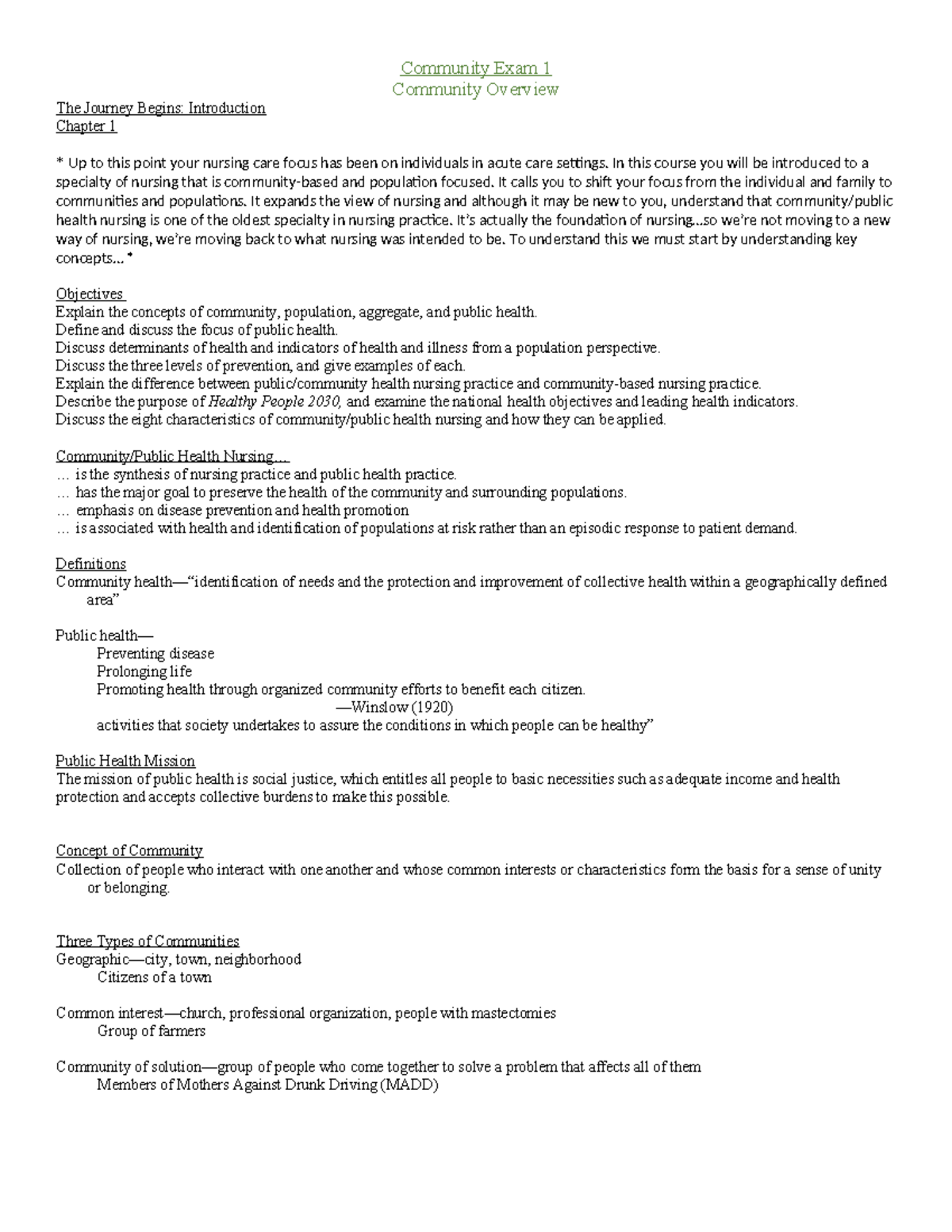 Community Exam 1 - Notes on Public Health Nursing Concepts and History ...