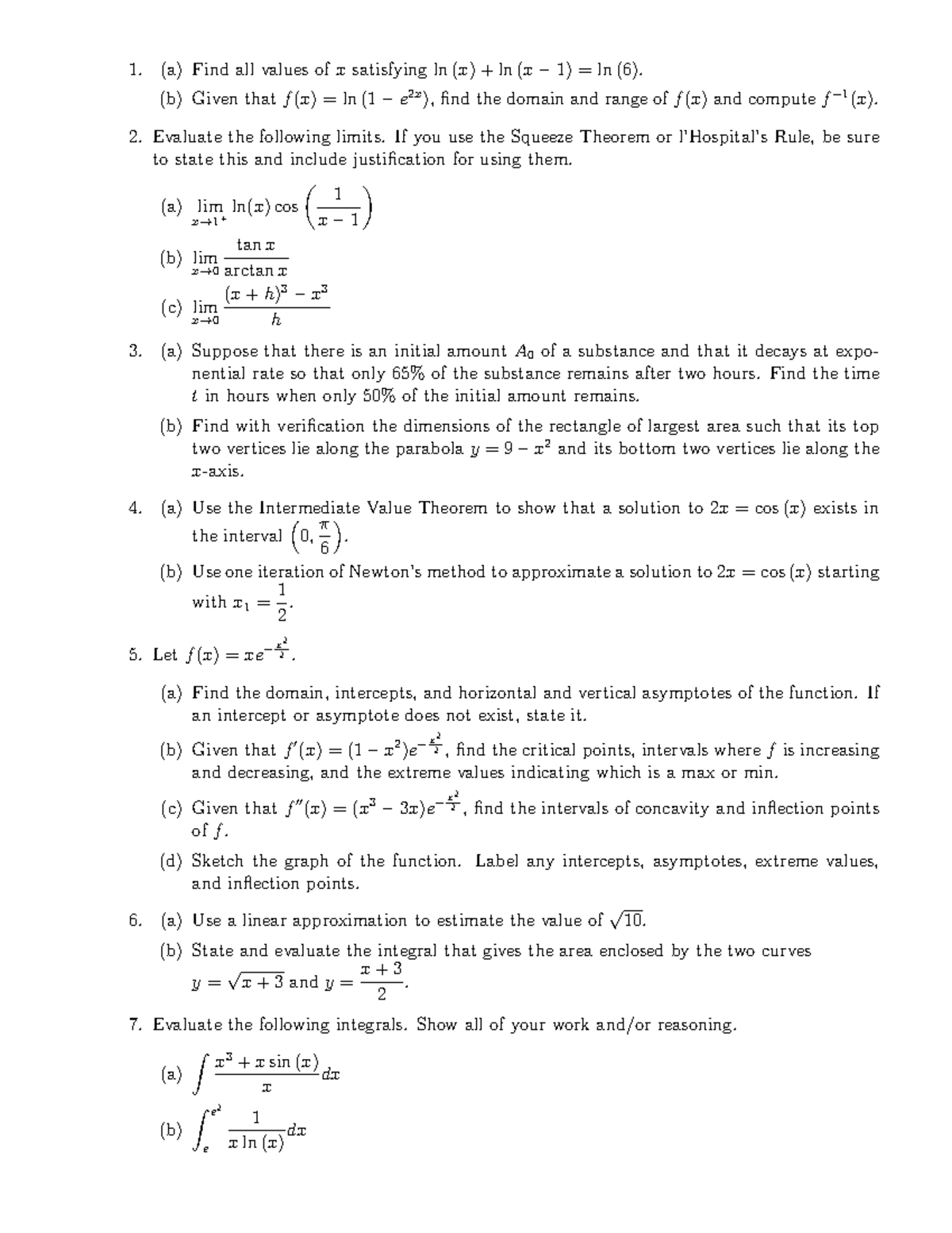 Math 127 Exam Review 2 Problems - (a) Find all values of x satisfying ...