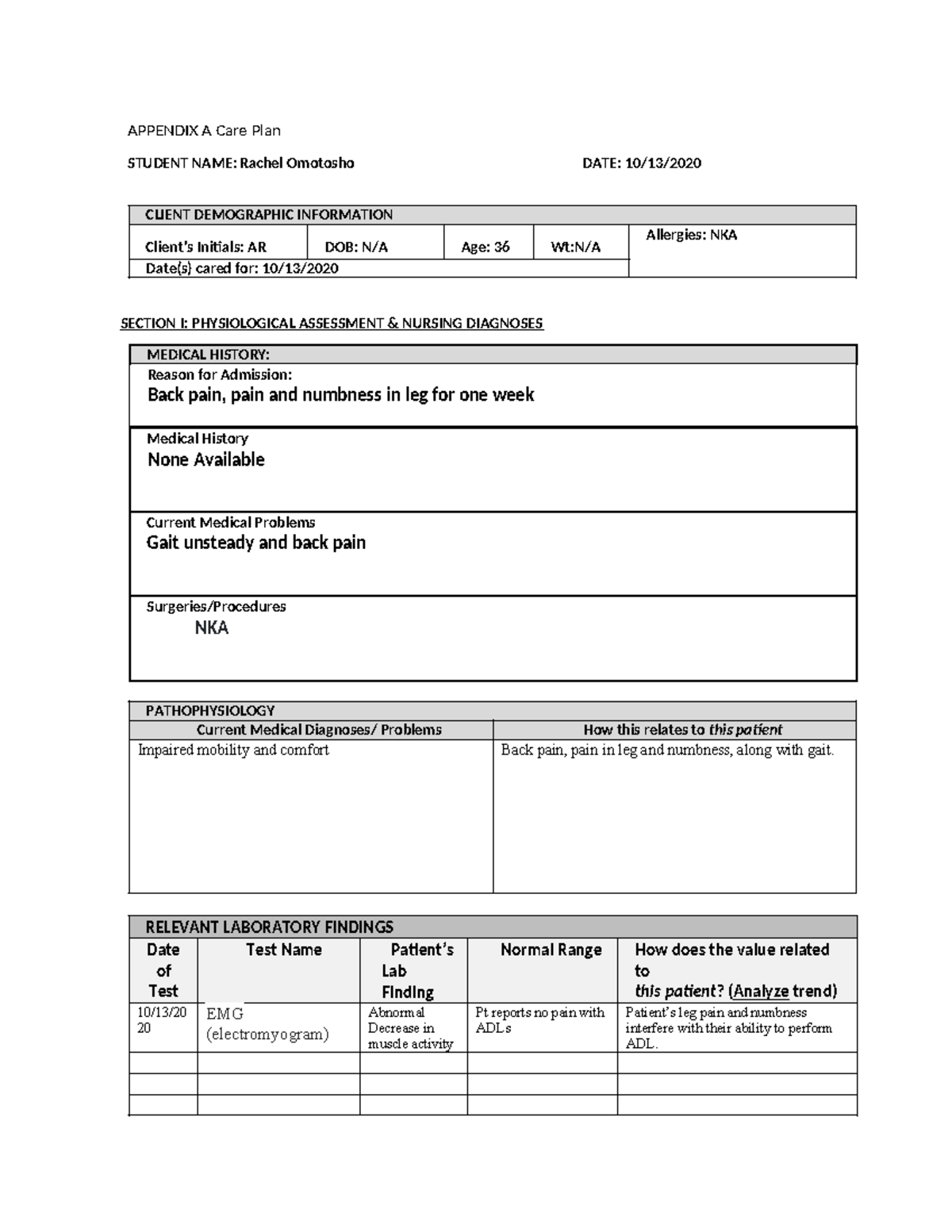 Appendix A Nursing Care Plan for Patient AR - Date 10/13/20 - Studocu